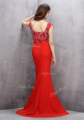 Best Selling Mermaid Red Zipper V-neck Beading and Sequins Prom Evening Gown Chiffon Sleeveless Sweep Train