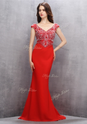 Best Selling Mermaid Red Zipper V-neck Beading and Sequins Prom Evening Gown Chiffon Sleeveless Sweep Train