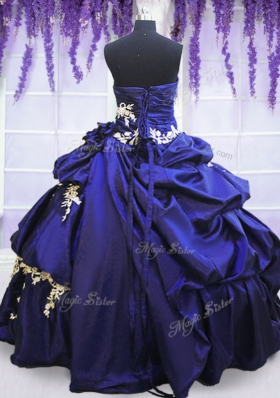 Blue Taffeta Lace Up Strapless Sleeveless Floor Length Sweet 16 Dresses Appliques and Pick Ups