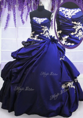 Blue Taffeta Lace Up Strapless Sleeveless Floor Length Sweet 16 Dresses Appliques and Pick Ups