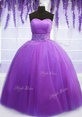 Comfortable Floor Length Purple Sweet 16 Quinceanera Dress Tulle Sleeveless Belt