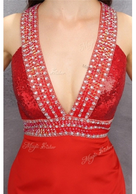 Coral Red Criss Cross V-neck Beading Satin Sleeveless