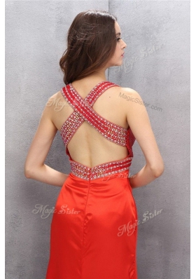 Coral Red Criss Cross V-neck Beading Satin Sleeveless