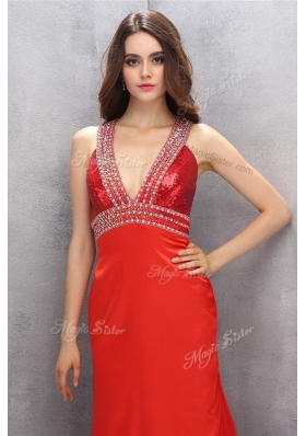 Coral Red Criss Cross V-neck Beading Satin Sleeveless