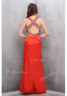 Coral Red Criss Cross V-neck Beading Satin Sleeveless