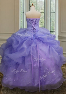 Customized Floor Length Lace Up 15 Quinceanera Dress Lavender and In for Military Ball and Sweet 16 and Quinceanera with Embroidery and Pick Ups