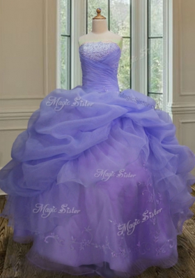 Customized Floor Length Lace Up 15 Quinceanera Dress Lavender and In for Military Ball and Sweet 16 and Quinceanera with Embroidery and Pick Ups