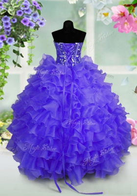 Customized Sequins Ruffled Ball Gowns Little Girl Pageant Gowns Blue Sweetheart Organza Sleeveless Floor Length Lace Up