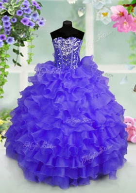 Customized Sequins Ruffled Ball Gowns Little Girl Pageant Gowns Blue Sweetheart Organza Sleeveless Floor Length Lace Up