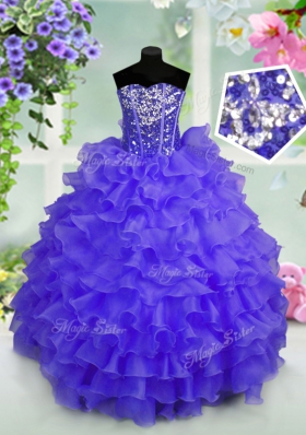 Customized Sequins Ruffled Ball Gowns Little Girl Pageant Gowns Blue Sweetheart Organza Sleeveless Floor Length Lace Up