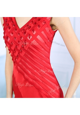 Dramatic Chiffon V-neck Sleeveless Side Zipper Beading Homecoming Dress in Red