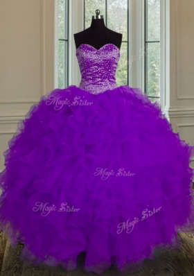 Eggplant Purple Lace Up Sweetheart Beading and Ruffles 15th Birthday Dress Tulle Sleeveless