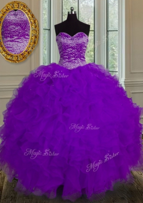 Eggplant Purple Lace Up Sweetheart Beading and Ruffles 15th Birthday Dress Tulle Sleeveless