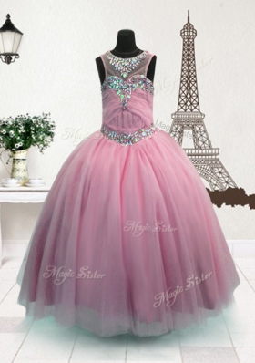 Elegant Scoop Sleeveless Zipper Floor Length Beading Kids Formal Wear