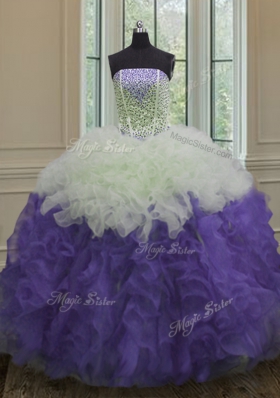 Exquisite White And Purple Lace Up Strapless Beading and Ruffles Sweet 16 Dresses Organza Sleeveless
