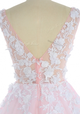Fantastic Pink Zipper Prom Evening Gown Appliques Sleeveless With Train Sweep Train