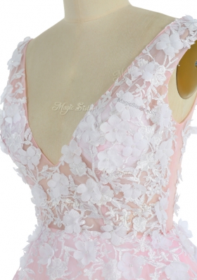 Fantastic Pink Zipper Prom Evening Gown Appliques Sleeveless With Train Sweep Train