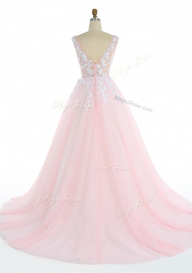 Fantastic Pink Zipper Prom Evening Gown Appliques Sleeveless With Train Sweep Train