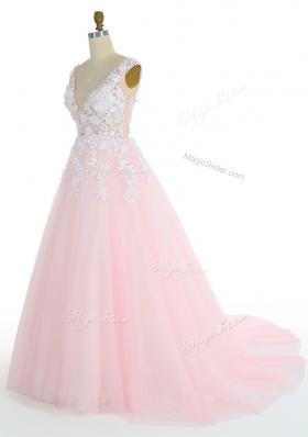Fantastic Pink Zipper Prom Evening Gown Appliques Sleeveless With Train Sweep Train