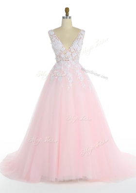Fantastic Pink Zipper Prom Evening Gown Appliques Sleeveless With Train Sweep Train