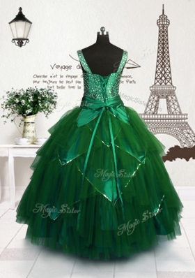 Fashionable Dark Green Straps Lace Up Beading and Belt Little Girls Pageant Gowns Sleeveless