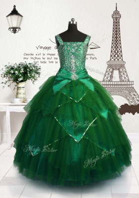 Fashionable Dark Green Straps Lace Up Beading and Belt Little Girls Pageant Gowns Sleeveless