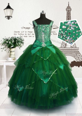 Fashionable Dark Green Straps Lace Up Beading and Belt Little Girls Pageant Gowns Sleeveless