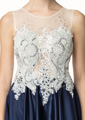 Fashionable Navy Blue Prom Gown Prom and Party and For with Beading and Lace Sleeveless Brush Train Side Zipper