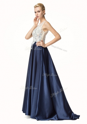 Fashionable Navy Blue Prom Gown Prom and Party and For with Beading and Lace Sleeveless Brush Train Side Zipper