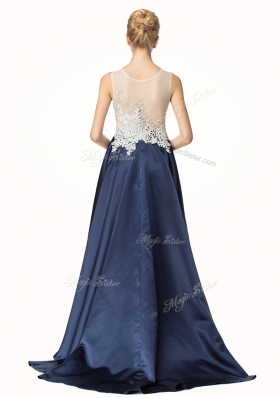Fashionable Navy Blue Prom Gown Prom and Party and For with Beading and Lace Sleeveless Brush Train Side Zipper