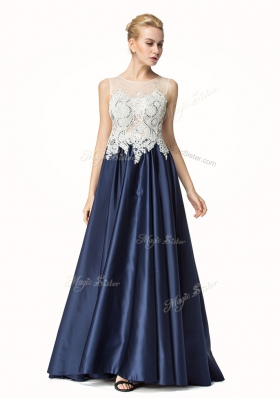 Fashionable Navy Blue Prom Gown Prom and Party and For with Beading and Lace Sleeveless Brush Train Side Zipper