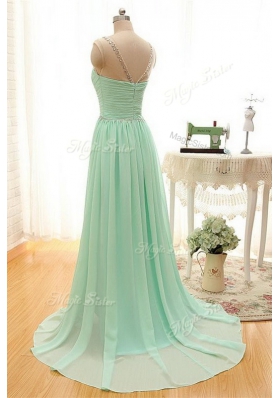 Flare Scoop Apple Green Sleeveless With Train Beading and Ruching Zipper Prom Dresses