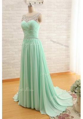 Flare Scoop Apple Green Sleeveless With Train Beading and Ruching Zipper Prom Dresses