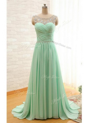 Flare Scoop Apple Green Sleeveless With Train Beading and Ruching Zipper Prom Dresses