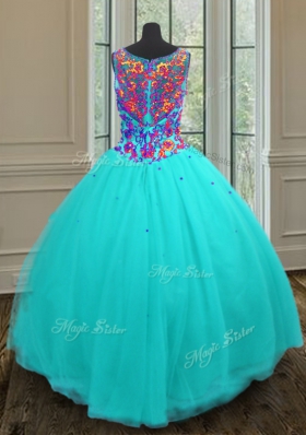 Flirting Tulle V-neck Sleeveless Zipper Beading 15 Quinceanera Dress in Aqua Blue
