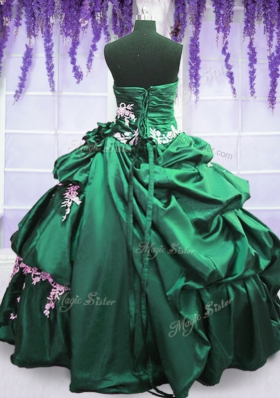 Floor Length Lace Up Sweet 16 Dress Green and Dark Green and In for Military Ball and Sweet 16 and Quinceanera with Appliques and Pick Ups