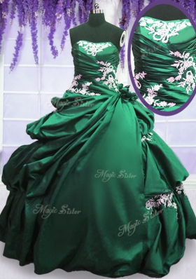 Floor Length Lace Up Sweet 16 Dress Green and Dark Green and In for Military Ball and Sweet 16 and Quinceanera with Appliques and Pick Ups