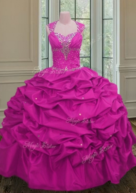 Fuchsia Straps Lace Up Beading and Pick Ups 15th Birthday Dress Cap Sleeves