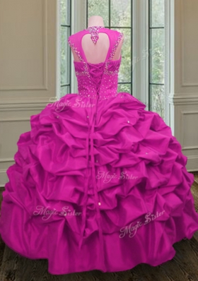Fuchsia Straps Lace Up Beading and Pick Ups 15th Birthday Dress Cap Sleeves