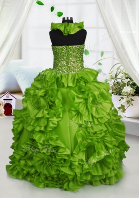 Halter Top Sleeveless Floor Length Beading and Ruffles Zipper Little Girls Pageant Gowns with Olive Green