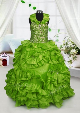 Halter Top Sleeveless Floor Length Beading and Ruffles Zipper Little Girls Pageant Gowns with Olive Green