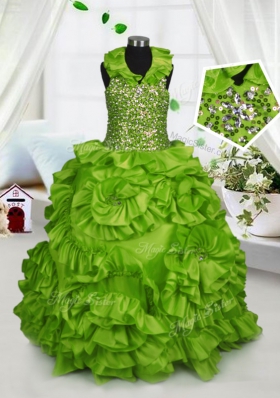 Halter Top Sleeveless Floor Length Beading and Ruffles Zipper Little Girls Pageant Gowns with Olive Green