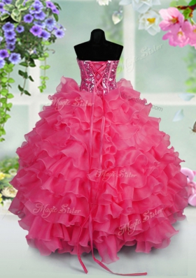 Hot Pink Child Pageant Dress Party and Wedding Party and For with Ruffled Layers and Sequins Sweetheart Sleeveless Lace Up