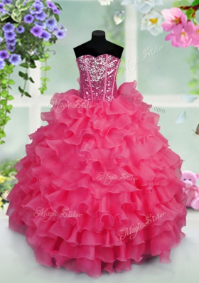 Hot Pink Child Pageant Dress Party and Wedding Party and For with Ruffled Layers and Sequins Sweetheart Sleeveless Lace Up