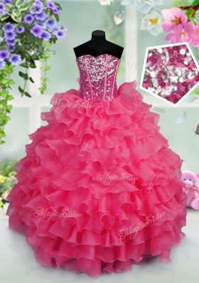Hot Pink Child Pageant Dress Party and Wedding Party and For with Ruffled Layers and Sequins Sweetheart Sleeveless Lace Up