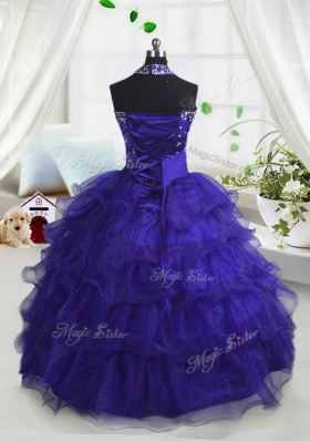 Hot Selling Scoop Navy Blue Sleeveless Beading and Ruffled Layers Floor Length Little Girls Pageant Dress