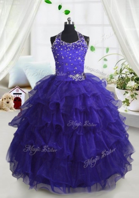 Hot Selling Scoop Navy Blue Sleeveless Beading and Ruffled Layers Floor Length Little Girls Pageant Dress