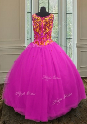 Ideal Fuchsia 15 Quinceanera Dress Military Ball and Sweet 16 and For with Beading V-neck Sleeveless Zipper