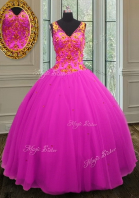 Ideal Fuchsia 15 Quinceanera Dress Military Ball and Sweet 16 and For with Beading V-neck Sleeveless Zipper
