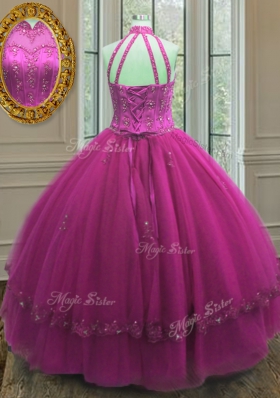 Ideal Fuchsia Tulle Lace Up High-neck Sleeveless Floor Length 15 Quinceanera Dress Beading and Appliques